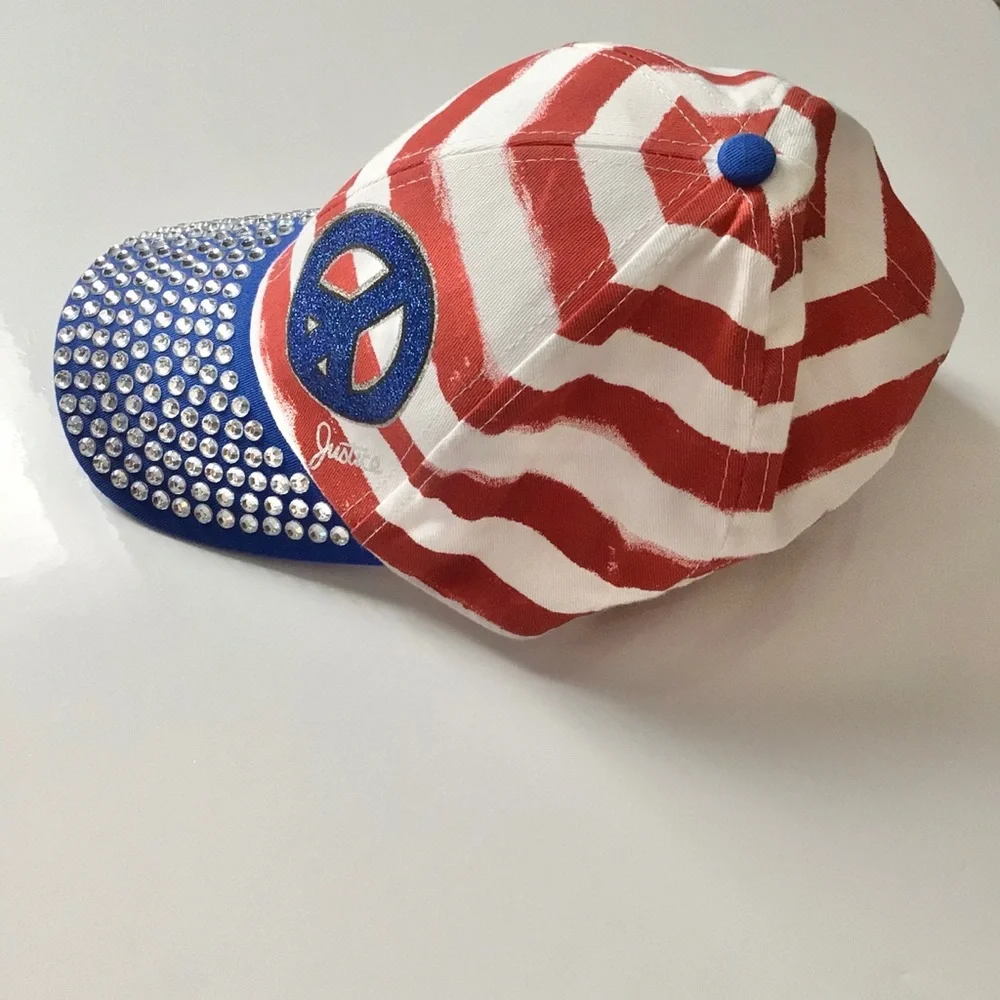 Justice Patriotic Blinged Peace Hat Red White Blue Silver OS